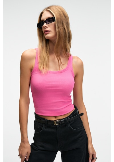 Ethıquet Lıllesol Kadın Fitilli Görünümlü Slim Fit Vücuda Oturan Havuz Yakalı Pamuklu Basic Fuşya At