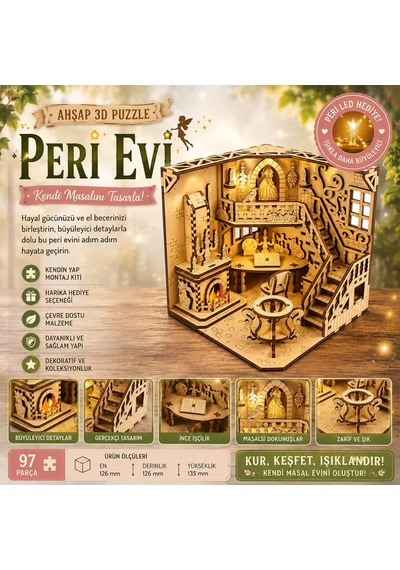 Algwooddesign Peri Evi Ahşap Maket, 97 Parça Dıy Minyatür Peri Evi Modeli, Peri Led Dahil, Mdf 3d Puzzle, Hobi Ve Dekorasyon Seti, 12,6 X 12,6 X 13,5