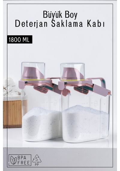 2 Adet Contalı Sızdırmaz Deterjan Saklama Kabı / 1800 Ml / Pembe Pembe
