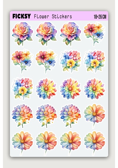 Gökkuşağı Renkli Çiçek Sticker Seti - 40 Adet Etiket Çıkartma Diğer