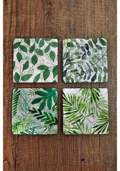 Doğal Taş Bardak Altlığı 4'lü Set - 10x10cm Yeşil Yaprak Desenli Taş Bardak Altlığı - Stone Coasters Çok Renkli