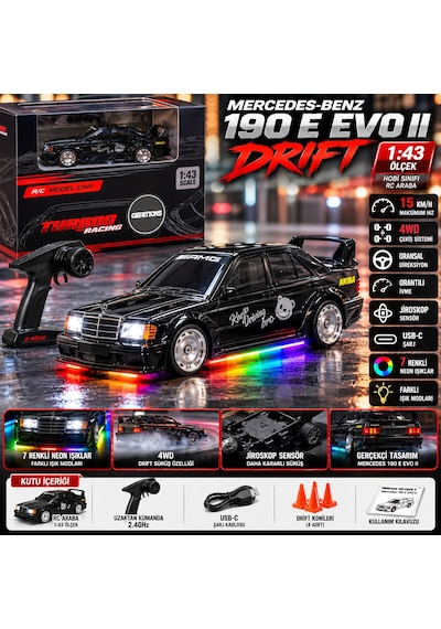 Mercedes 190 E Evo Iı Drift 1:43 Hobi Sınıfı Uzaktan Kumandalı Rc Araba 15 Km/h 4wd Neon Işıklı
