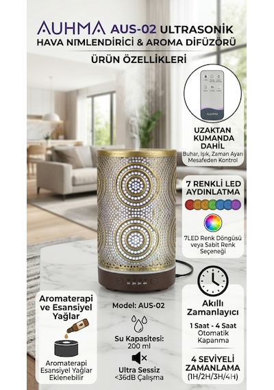 Auhma Humidifier Zaman Ayarlayıcılı 7 Farklı Led Işıklı Buharlı Hava Temizleyici Altın