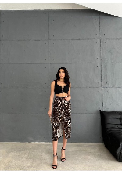 Zeo Basic Leopar Desenli Midi Etek Leopar