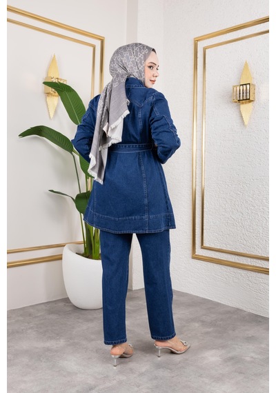 Harman Butik Kadın Düğmeli Kuşaklı 2li Kot Takım Lacivert