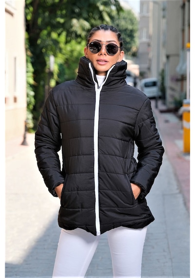 Keyifli Moda Kadın Siyah Dik Yaka Su Geçirmez Uzun Şişme Mont