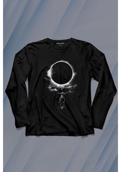 Ay Üzerinde Kara Delik Dünyaya Abkan Astronot Cosmos Uzun Kollu Tişört Baskılı T-shirt 001