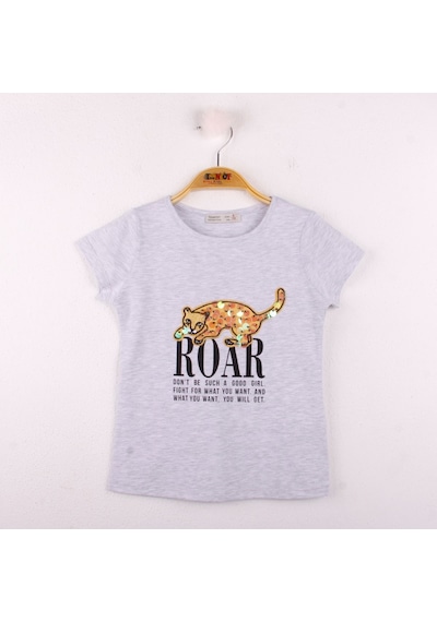 Toontoy Kids Toontoy Kız Çocuk Leopar Baskılı Pullu Tişört Gri Melanj