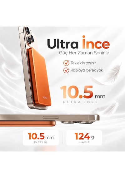 Woyax Magsafe Powerbank 5000mah Slim Hızlı Taşınabilir Batarya İphone 11 12 13 14 15 16 17 Pro Max Samsung Turuncu