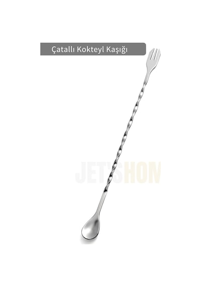 Kokteyl Kaşığı Çift Başlıklı Paslanmaz Barista Kaşığı Çatallı Barmen Kaşığı Çelik 30 Cm Gri