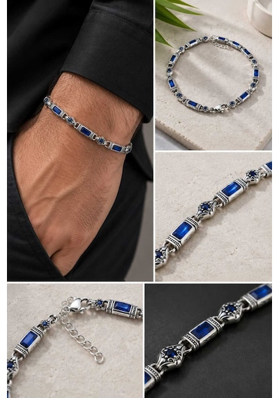 Rodyum Gümüş Kaplama B-103 Kromix Çelik Erkek Bilelik 1+1 Gravürlü Otantik Safir Rengi Zirkon Baget Taşlı Harfli 5 Mm Gümüş