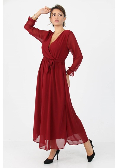 Neşeli Butik Kadın Kruvaze Yaka Bağlama Detaylı Yeni Sezon Uzun Şifon Elbise Kts003 Bordo