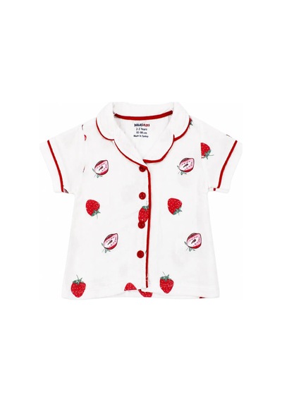 Bebegen Kız Bebek Beyaz Kırmızı Çilek Baskılı Müslin Pijama Takımı Çok Renkli
