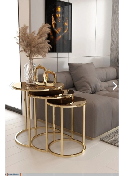 Ecoline Desing Gold Metal Kırılmaz Bronz Ayna 3'lü Zigon Sehpa Bronz