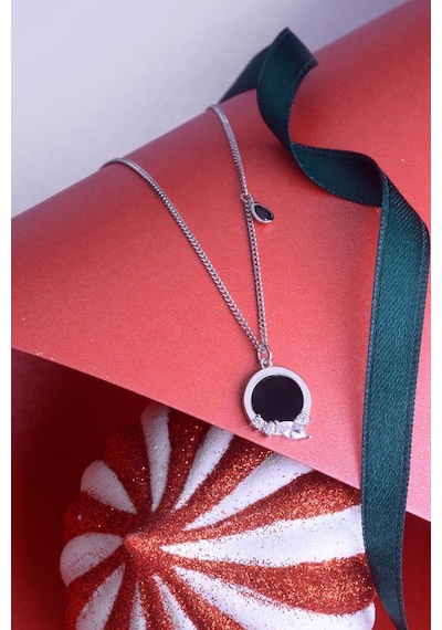 Innuendo Jewelry 925 Ayar Gümüş Damla Taş Detaylı Oval Kolye Gümüş - Siyah