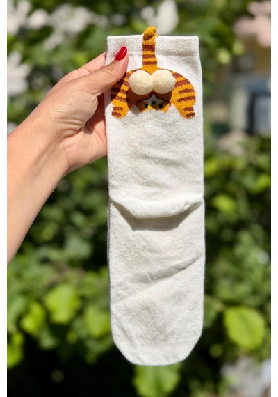 Lousocks Unisex Bej Krem Kedi Desenli Ponpon Soket Çorap