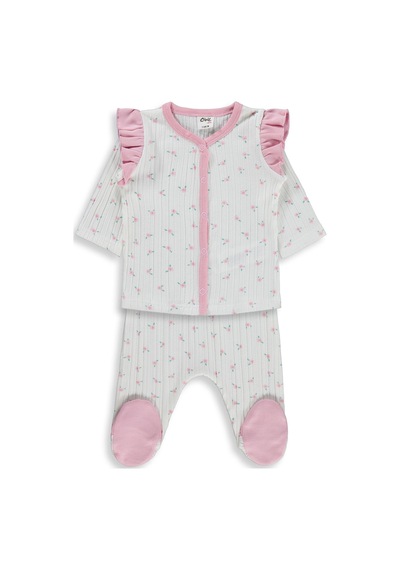 Civil Baby Çiçek Empirme Fırfırlı 1-9 Ay Pijama Takımı - Ekru