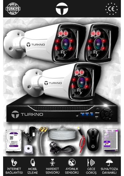 Turkno 3 Kameralı Karia 3 Dış Kamera Set 250 GB HDD Full HD Gece Görüşlü Güvenlik Kamerası Sistemi