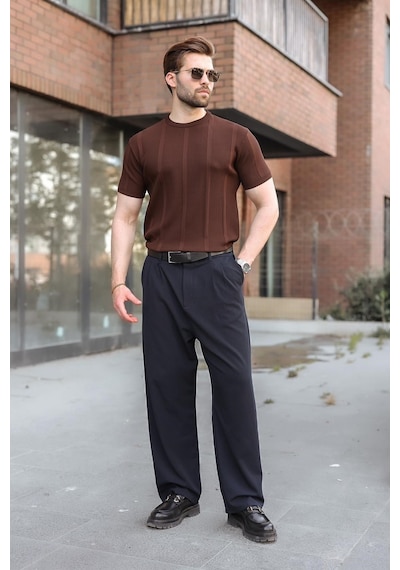 Madmext Kahverengi Regular Fit Bisiklet Yaka Fitilli Triko Erkek Tişört E7490