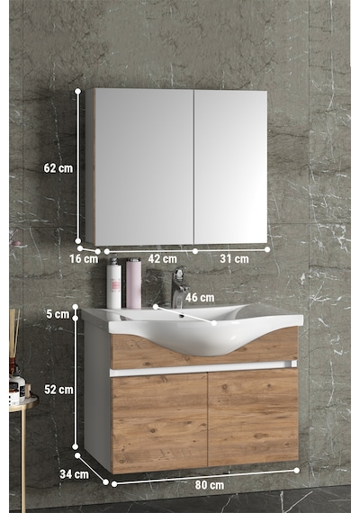 Yıldız 80 Cm Beyaz-atlantik Mdf Lavabolu Asma Banyo Dolabı Takımı Beyaz - Atlantik Çam
