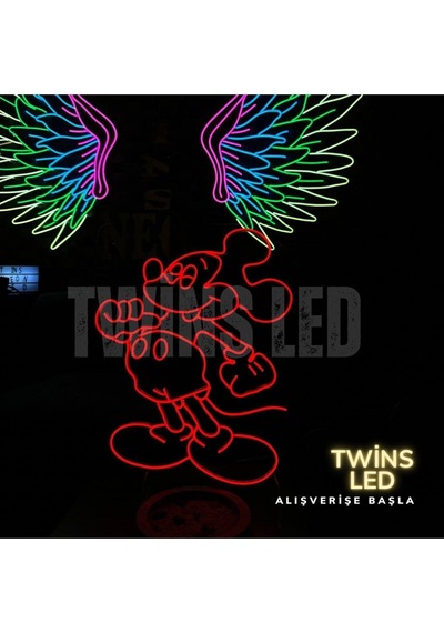 Mickey Mouse Figürlü Dekoratif Neon Tabela Kırmızı