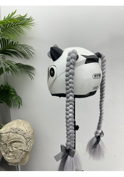 Motor & Motosiklet Gri Simli Çift Örgü Saç Ve Hologram Fiyonklu Kedi Kulak Set Kask Dış Aksesuarı Diğer