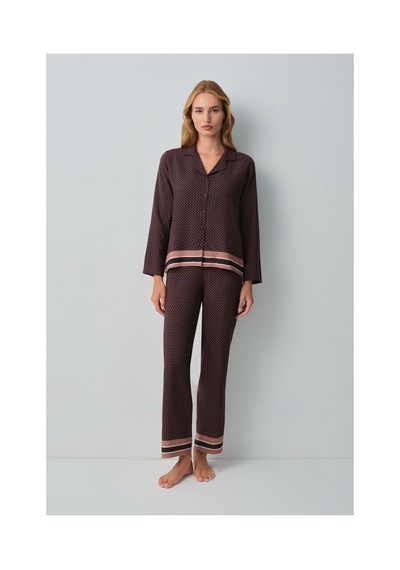 Suwen Monogram Gömlek Yaka Pijama Takımı Wsh1051014291 Kahverengi
