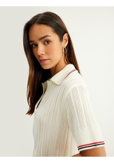 Koton Polo Yaka Triko Kazak Kısa Kollu Dokulu Ekru 5wak90431ht Ekru