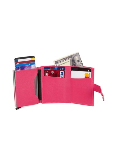 Newish Polo Deri Rfıd Koruyucu Alüminyum Otomatik Mekanizma Kartlık Ve Cüzdan New068 Pembe