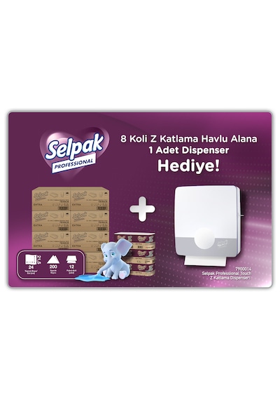 Selpak Professional Extra Z Katlama Dispenser Havlu 200 Yaprak 12'li X 8 Koli + Touch Z Katlama Havlu Dispenseri Hediyeli