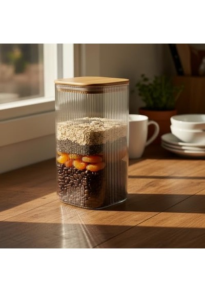 10x20 Cm Bambu Kapaklı Kare Cam Saklama Kavanozu - Vakumlu Ekstra Uzun Boy Şeffaf Erzak Kabı Spagetti Makarna Bakliya Diğer