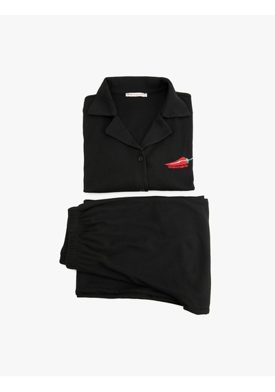 Koton Gömlek Yaka Uzun Kollu Biber Nakış Detaylı Pijama Takımı Siyah 6wlk40126mk Siyah
