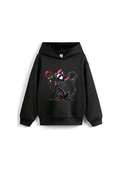 Stil X Sevimli Kediler Baskılı Kapüşonlu Çocuk Sweatshırt Siyah-2