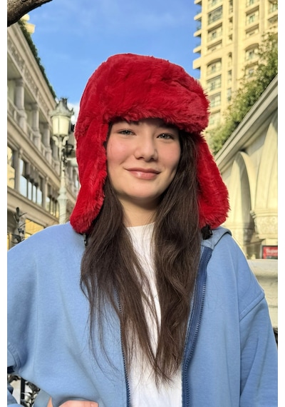 Mollycrush Genç Kırmızı Peluş Pilot Şapka Uniseks Trend Kulaklıklı Kışlık Ushanka Model Kırmızı