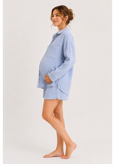 Luvmabelly Myra9675 Mom & After Doğal Muslin Pijama Takımı - Bebe Mavi