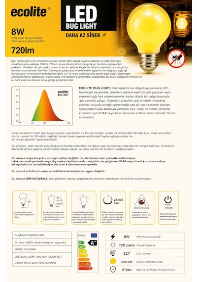 Ecolite Led Bug Light 8w Sarı Işık Sinek Azaltıcı Led Ampul Beden-Renk Tek Beden-Sarı
