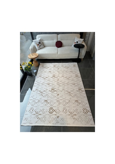 Merinos Vista Krem %100 Akrilik Yumuşak Dokulu Salon Oturma Odası Halısı Altın Renk Desenli 36892-77 Sarı