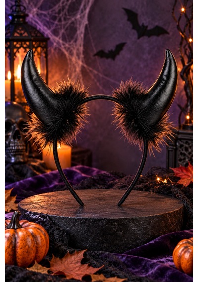 Halloween Cadılar Bayramı Siyah Saten Tüylü Şeytan Boynuzlu Taç Parti Ve Kostüm Saç Aksesuarı