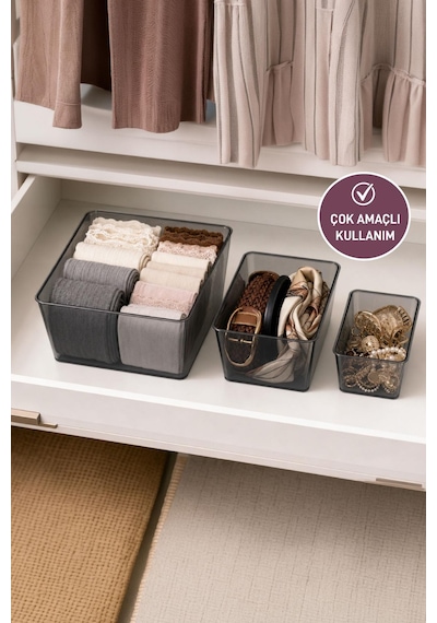 Salve 3'lü Büyük, Orta, Küçük Buzdolabı-banyo Organizer Düzenleyici Füme