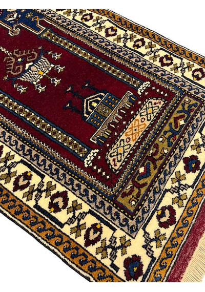 El Dokuma Sıfır Yahyalı Namazlık 80x130 Kök Boya %100 Yün Seccade Kırmızı