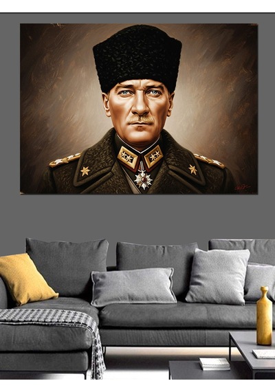 Yağlı Boya Kalpak Başlıklı Atatürk Portresi Dekoratif Kanvas - Mdf Ahşap Tablo