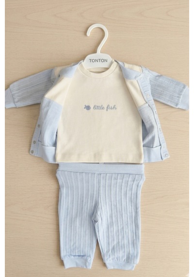Bambık Tonton Baby Balık Nakışlı 3'lü Erkek Bebek Hırkalı Alt Üst Takım Mavi Mavi