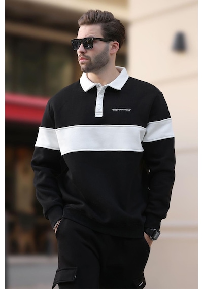 Madmext Siyah Polo Yaka Renk Bloklu Erkek Sweatshirt 7072 Siyah