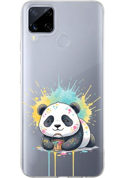 Realme C15 İle Uyumlu Splash Panda Tasarımlı Şeffaf Silikon Kılıf Şeffaf