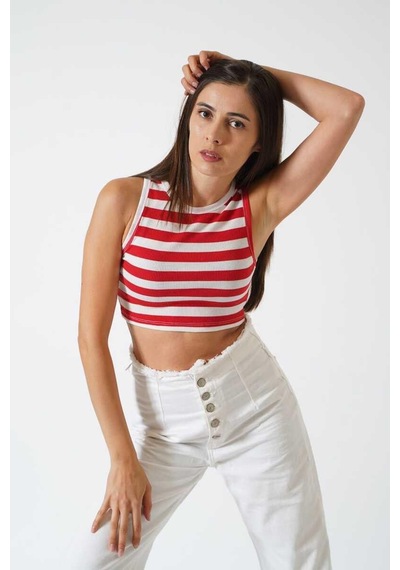 Ckm Moda Adrian Yüksek Kalite Kadın Yuvarlak Yaka Çizgili Crop Bluz Kırmızı