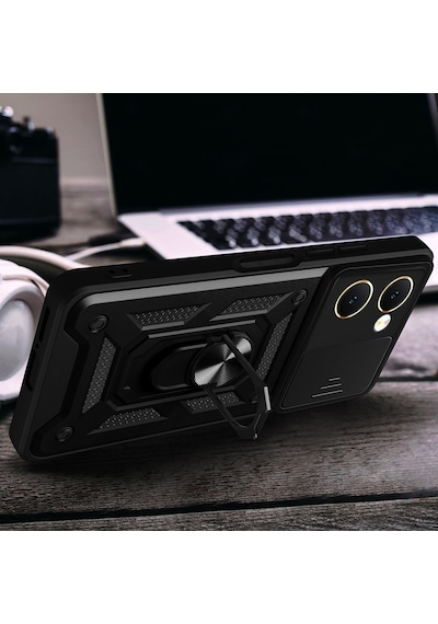 Techaks Vivo Y18 Kılıf Magnetik Standlı Kamera Korumalı Zore Sürgülü Vega Kapak - Mavi Mavi