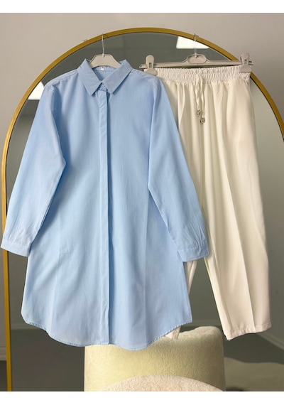 Lovie Moda Basic Oversize Tunik Gömlekli Takım Mavi