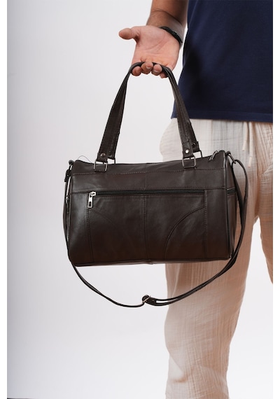 Unisex Hakiki Deri Kahverengi Silindir Model El Ve Omuz Çantası Kahverengi