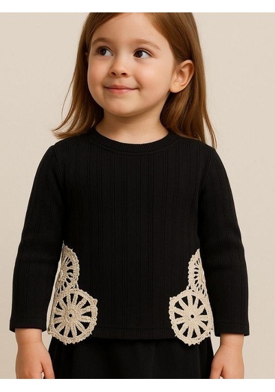 Kız Çocuk Motif İşlemeli Bluz-16287 Siyah