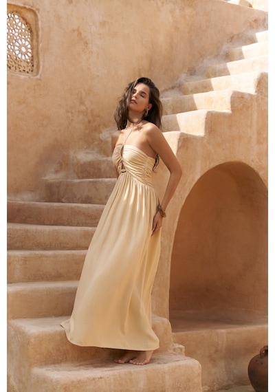 Mai Collection Mai Studios Co. Burnika Boncuk Detay Sarı Keten Elbise sarı
